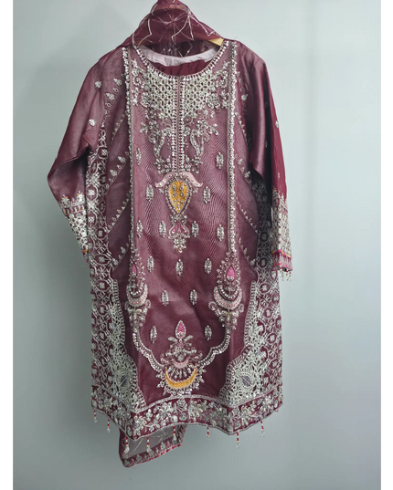 Maroon embroidered organza kurta set