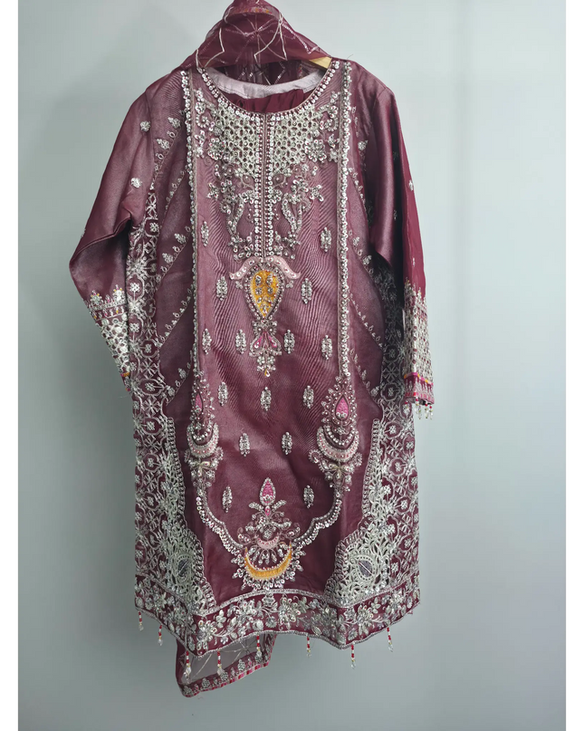 Maroon embroidered organza kurta set