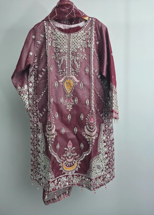 Maroon embroidered organza kurta set