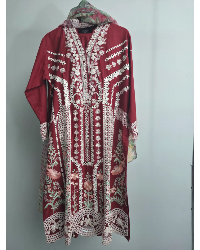 Red Slub Cotton Embroidered 3 Piece Suit with Tissue Dupatta