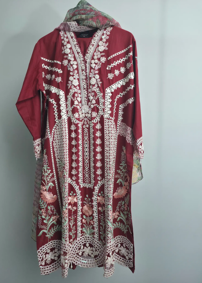 Red Slub Cotton Embroidered 3 Piece Suit with Tissue Dupatta