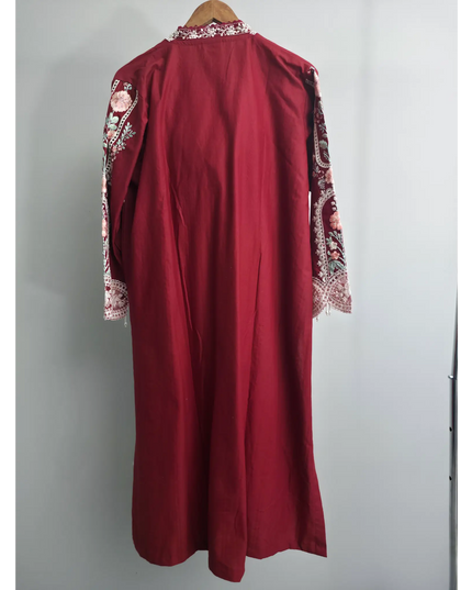 Red Slub Cotton Embroidered 3 Piece Suit with Tissue Dupatta