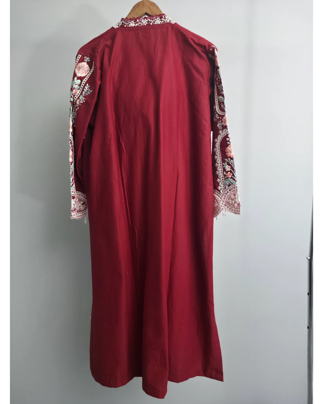 Red Slub Cotton Embroidered 3 Piece Suit with Tissue Dupatta
