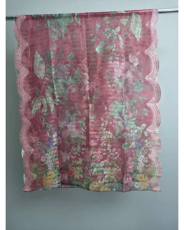 Red Slub Cotton Embroidered 3 Piece Suit with Tissue Dupatta