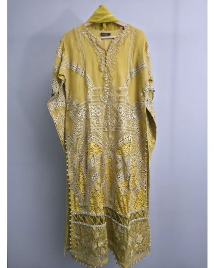Lime Yellow Chikankari Lawn Embroidered 3 Piece Stitched Suit