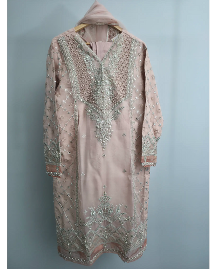 Peach pink 3-piece outfit with embroidered organza kurta, straight trousers, and organza dupatta for festive and party occasions