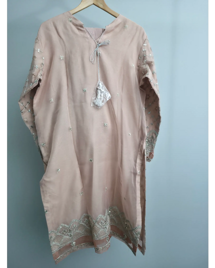 Peach pink 3-piece outfit with embroidered organza kurta, straight trousers, and organza dupatta for festive and party occasions