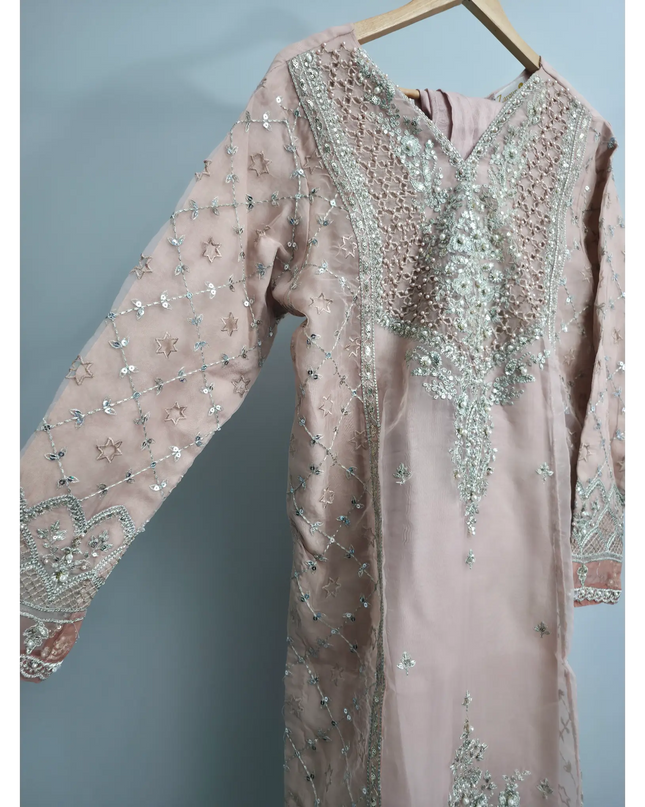 Peach pink 3-piece outfit with embroidered organza kurta, straight trousers