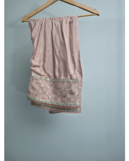 Peach pink 3-piece outfit with embroidered organza kurta, straight trousers, and organza dupatta for festive and party occasions