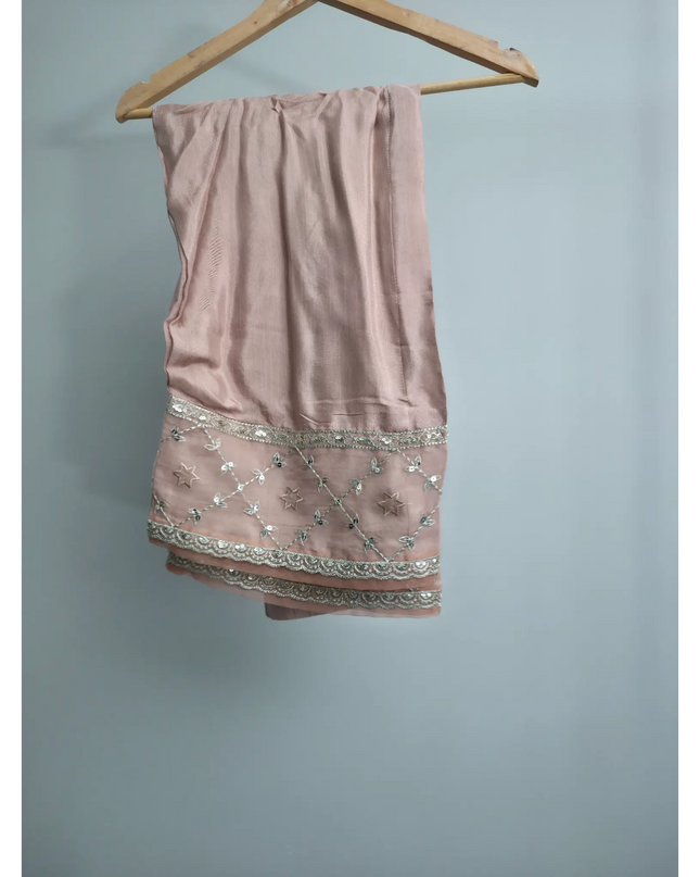 Peach pink 3-piece outfit with embroidered organza kurta, straight trousers, and organza dupatta for festive and party occasions