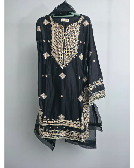 Black embroidered kurta set with organza dupatta and farshi shalwar for party and festive occasions