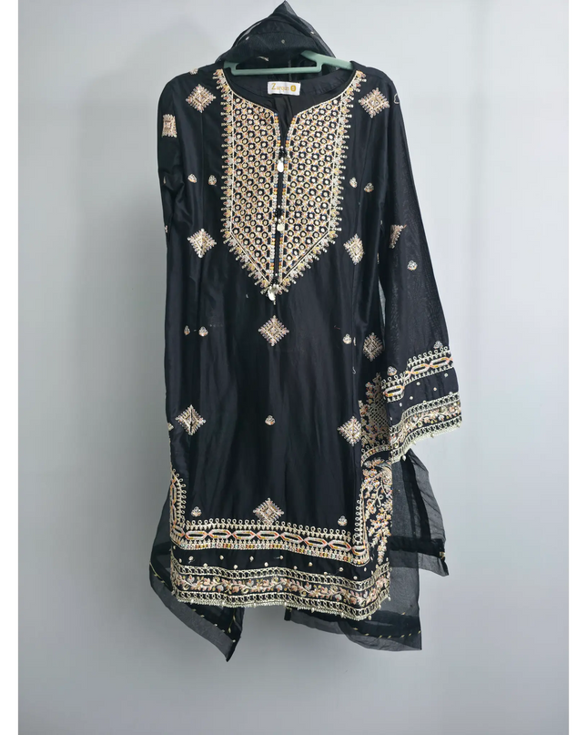 Black embroidered kurta set with organza dupatta and farshi shalwar for party and festive occasions