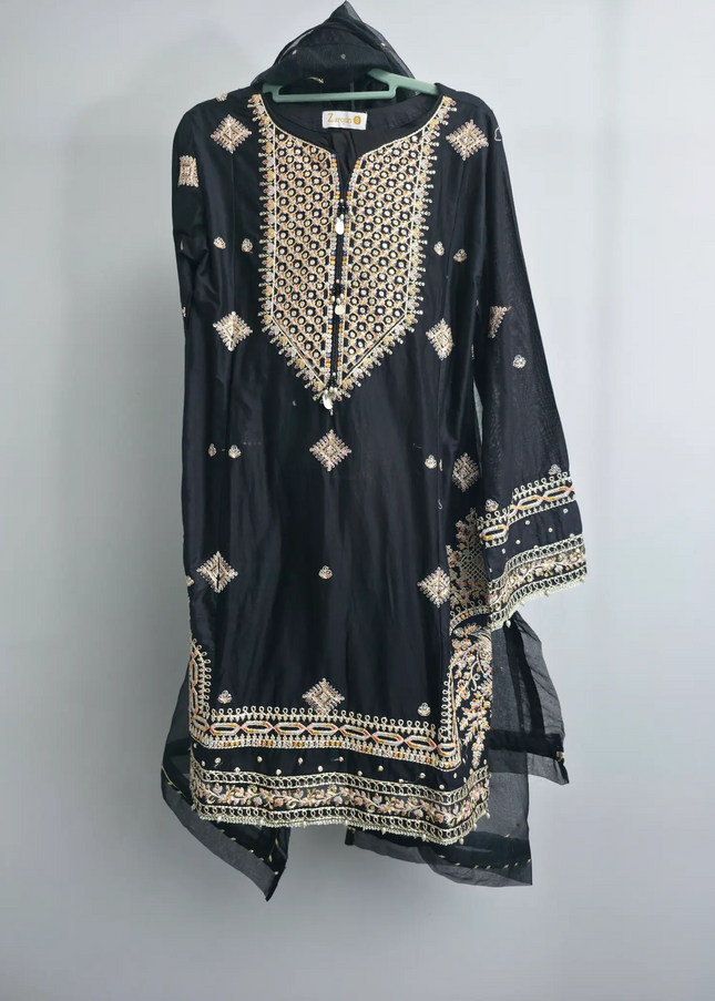 Black embroidered kurta set with organza dupatta and farshi shalwar for party and festive occasions
