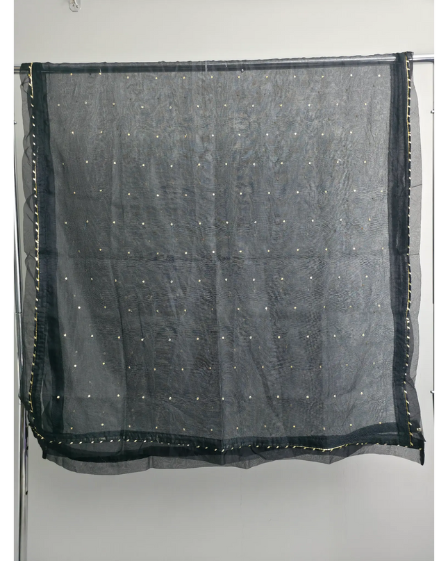 Black embroidered kurta set with organza dupatta and farshi shalwar for party and festive occasions