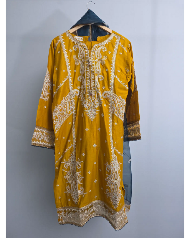 Mustard embroidered lawn kurta set with organza dupatta
