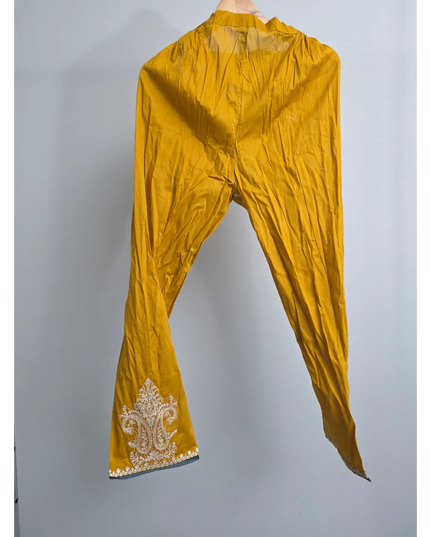 Long mustard kurta with embroidery and organza patchwork