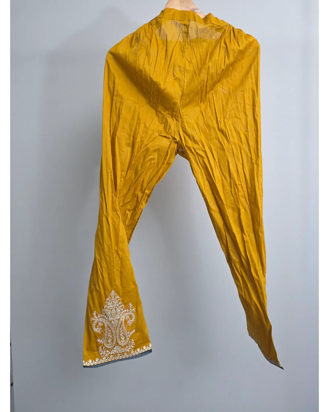 Long mustard kurta with embroidery and organza patchwork