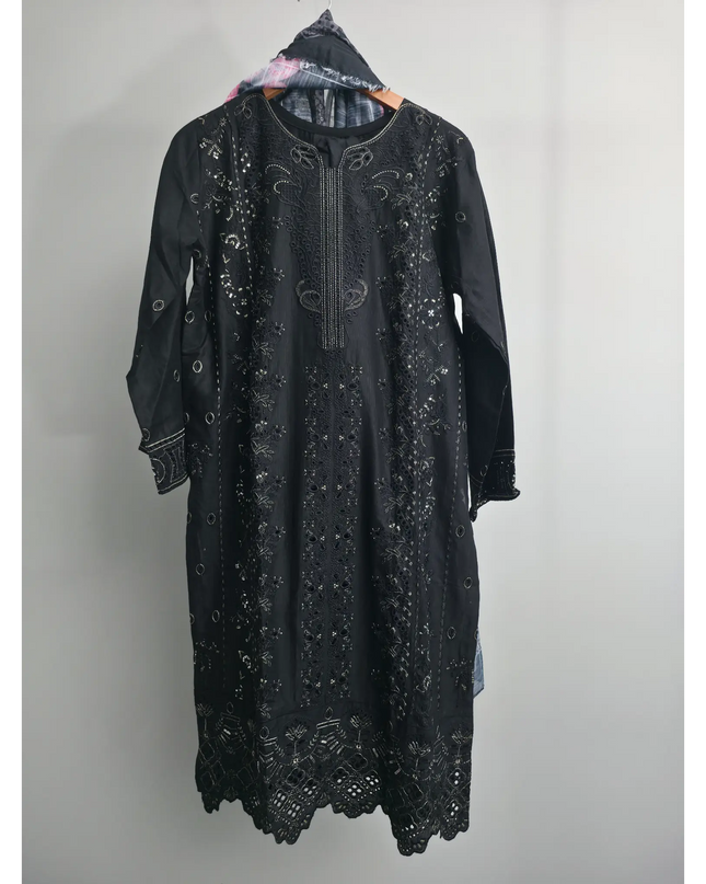 Black Cotton 3-Piece Embroidered Suit with Printed Dupatta