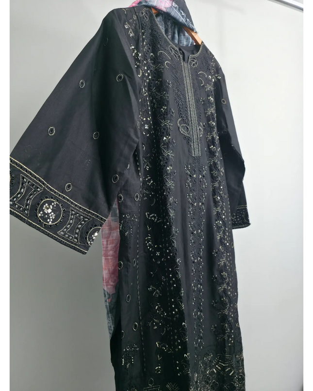 Black Cotton 3-Piece Embroidered Suit with Printed Dupatta