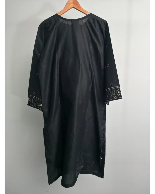 Black Cotton 3-Piece Embroidered Suit with Printed Dupatta