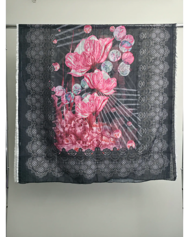 Black Cotton 3-Piece Embroidered Suit with Printed Dupatta