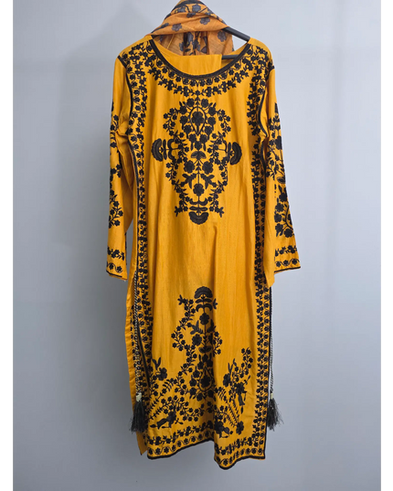 Yellow cotton lawn suit with black embroidery and printed dupatta
