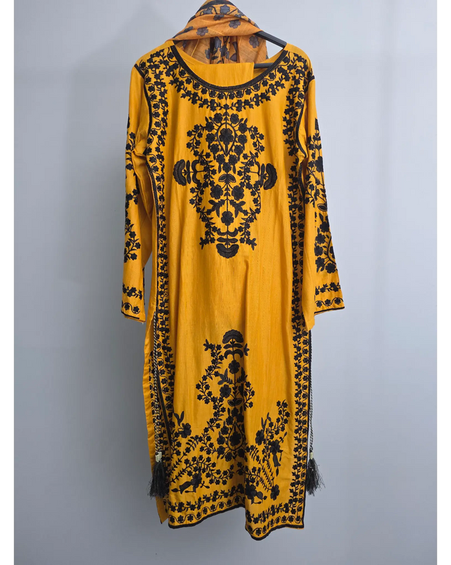 Yellow cotton lawn suit with black embroidery and printed dupatta