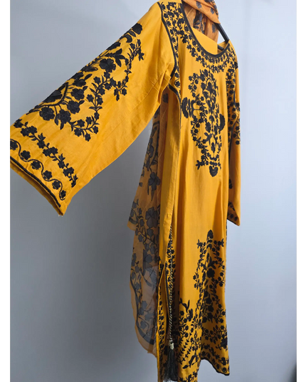 Yellow Cotton Lawn 3 Piece Suit | Black Embroidered Kameez Trouser with Printed Dupatta
