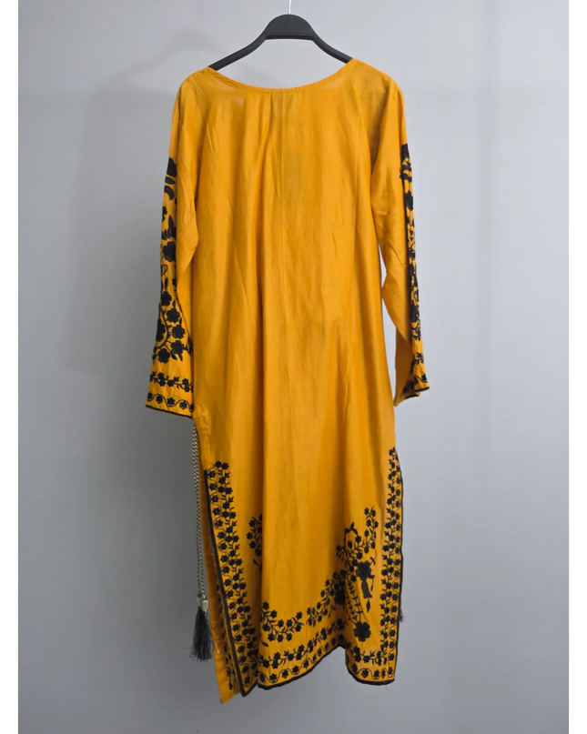 Yellow cotton lawn suit with black embroidery and printed dupatta