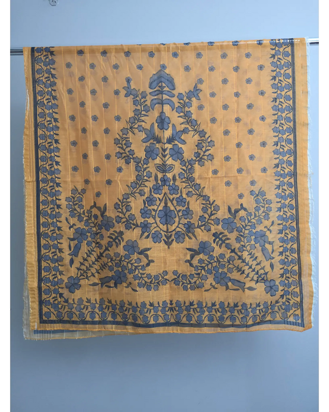 Yellow cotton lawn suit with black embroidery and printed dupatta