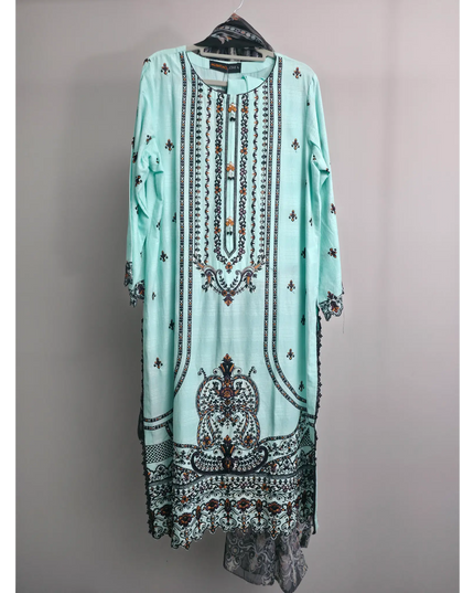 Aqua Slub Cotton Embroidered Kurta Set – 3 Piece