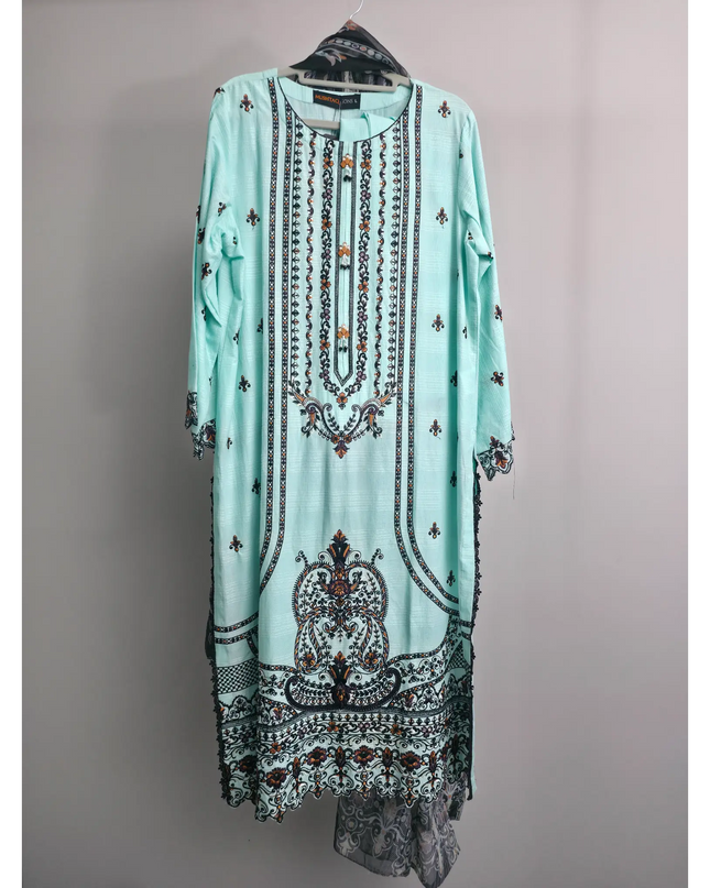 Aqua Slub Cotton Embroidered Kurta Set – 3 Piece