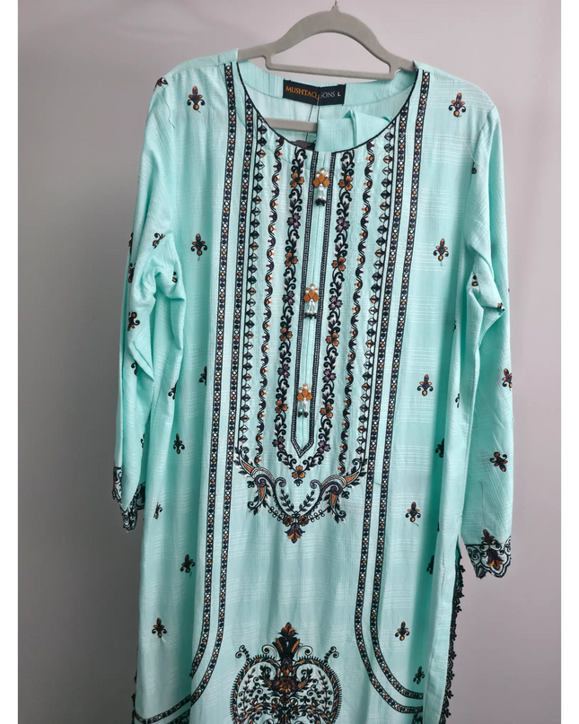 Aqua Slub Cotton Embroidered Kurta Set – 3 Piece