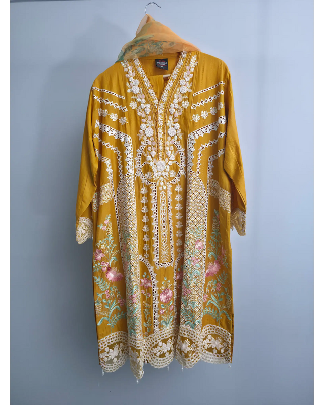 Yellow Slub Cotton Heavy Embroidery Suit | Pearl Sitari Cutwork Dupatta