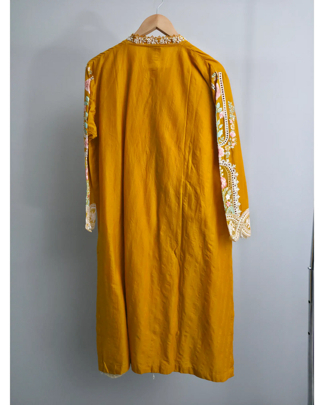 Yellow Slub Cotton Heavy Embroidery Suit | Pearl Sitari Cutwork Dupatta