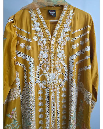 Yellow Slub Cotton Heavy Embroidery Suit | Pearl Sitari Cutwork Dupatta