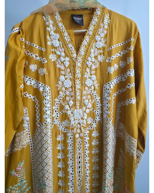 Yellow Slub Cotton Heavy Embroidery Suit | Pearl Sitari Cutwork Dupatta