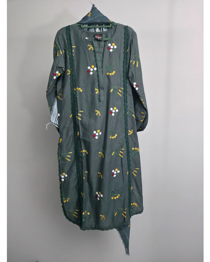 Green cotton lawn embroidered suit with printed diamond dupatta