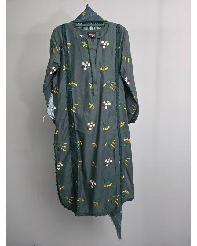 Green cotton lawn embroidered suit with printed diamond dupatta