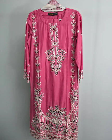Pink 3-Piece Slub Cotton Suit with Embroidery and Printed Khaddi Net Dupatta