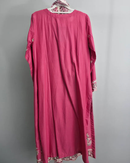 Pink 3-Piece Slub Cotton Suit with Embroidery and Printed Khaddi Net Dupatta