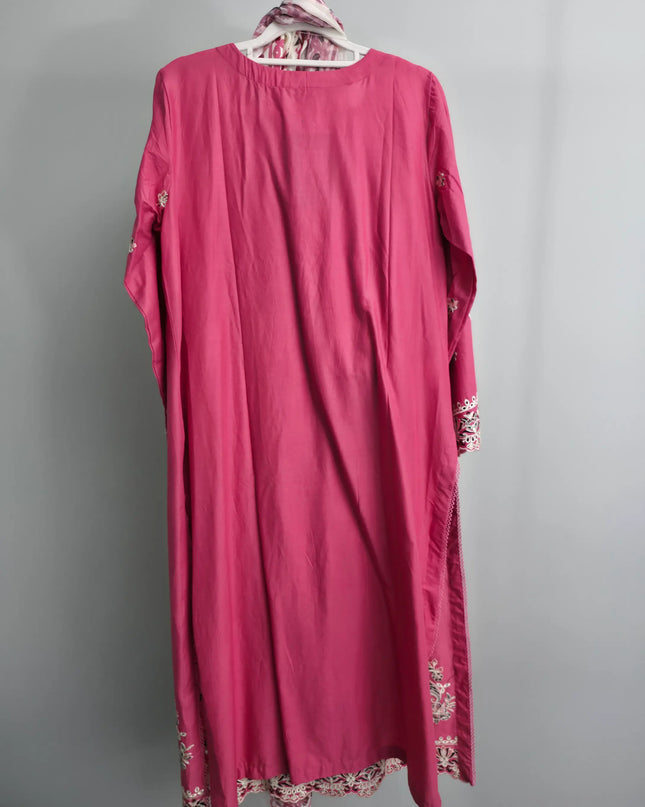 Pink 3-Piece Slub Cotton Suit with Embroidery and Printed Khaddi Net Dupatta