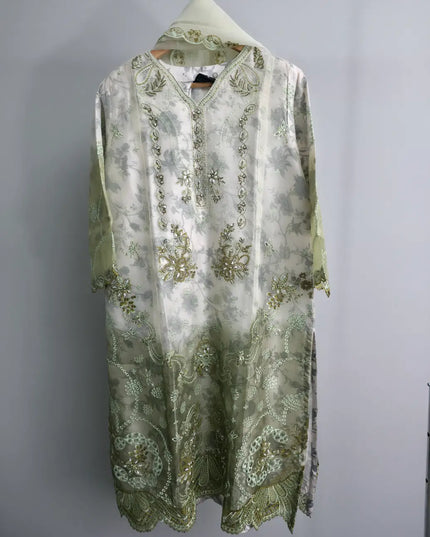 Mint green organza embroidered  shirt with pearl work and organza dupatta

