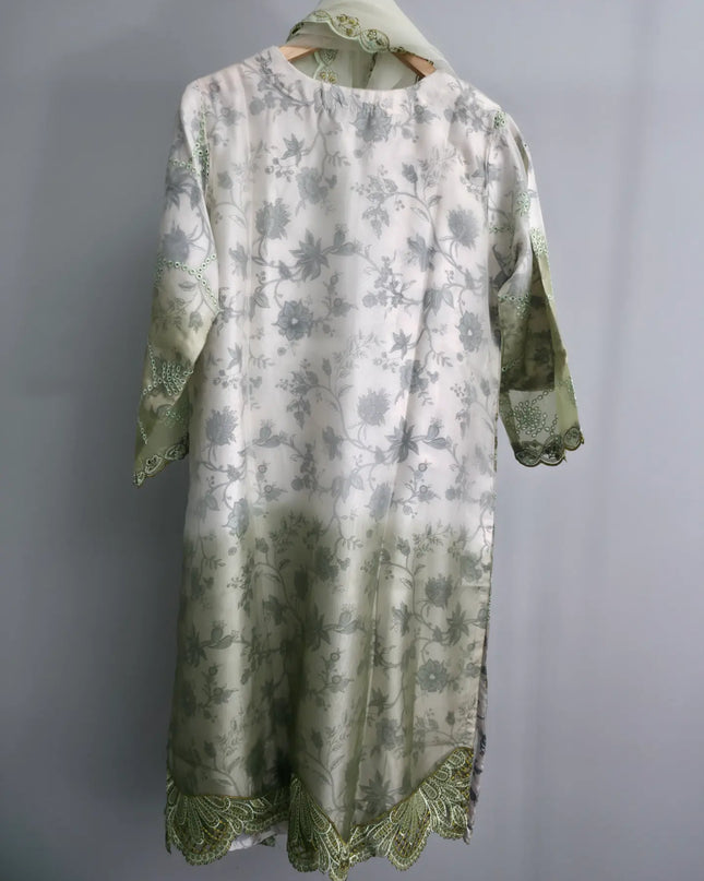 Mint green organza embroidered shirt with pearl work and organza dupatta
