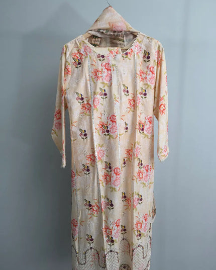 Peach slub lawn chikankari embroidered shirt front view
