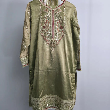 Olive green embroidered tissue sharara set front view