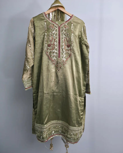 Olive green embroidered tissue sharara set front view