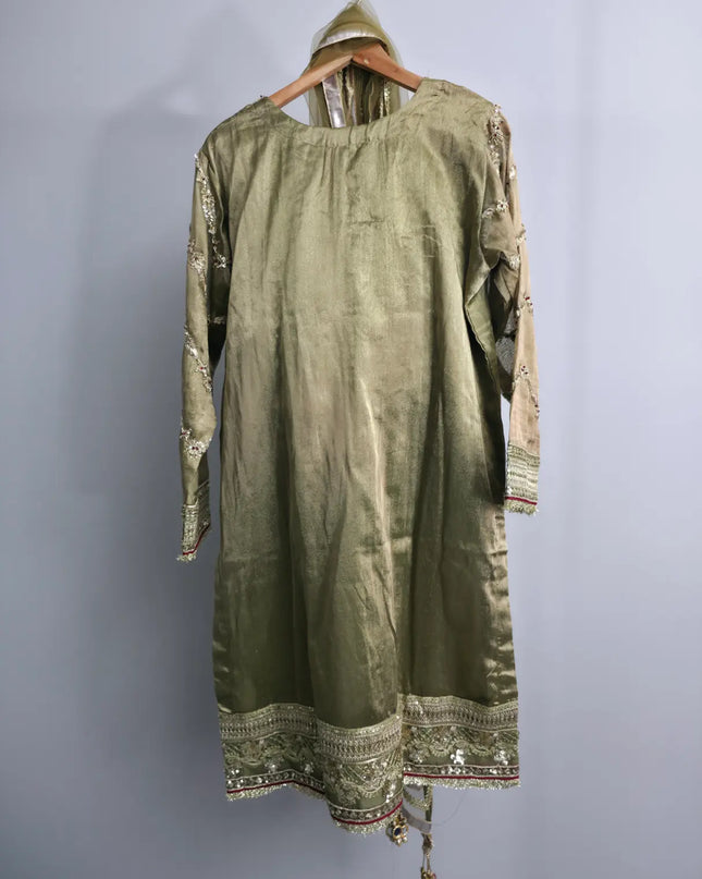 Short embroidered tissue shirt with flared net sharara