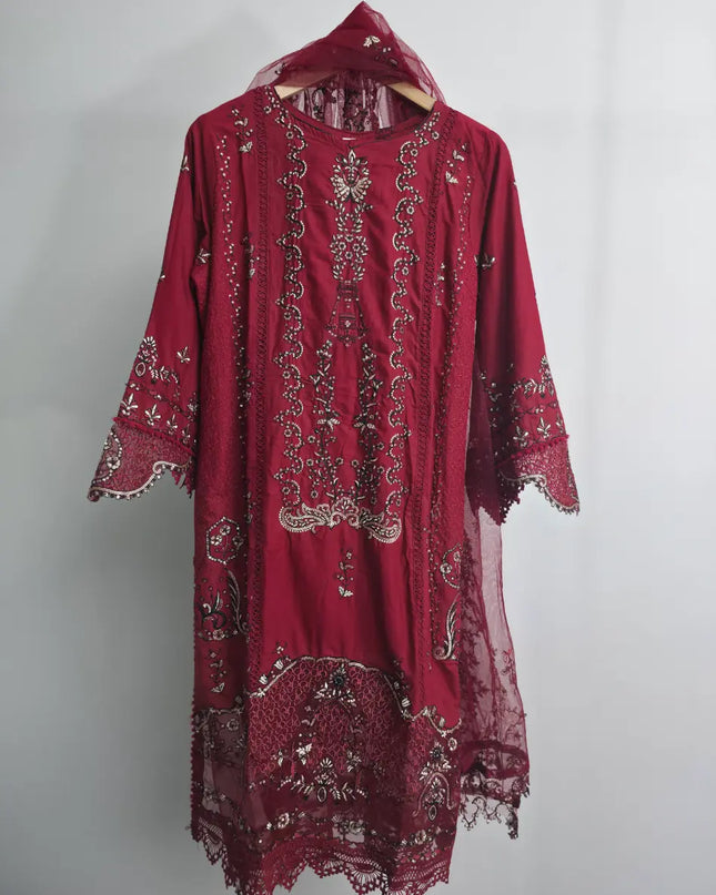 Red cotton 3 piece kurta set with net dupatta