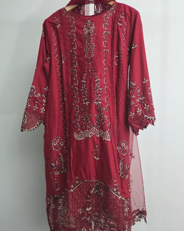 Long red cotton kurta with straight trousers